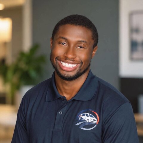 Portrait of Jonah Coleman Jr., Co-Founder of Monrovia Express Transport LLC, wearing a company-branded navy polo shirt